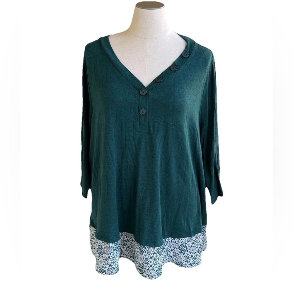 Catherines Sweater Top Faux Layered Plus  4X 30/32W Green With Geometric Trim